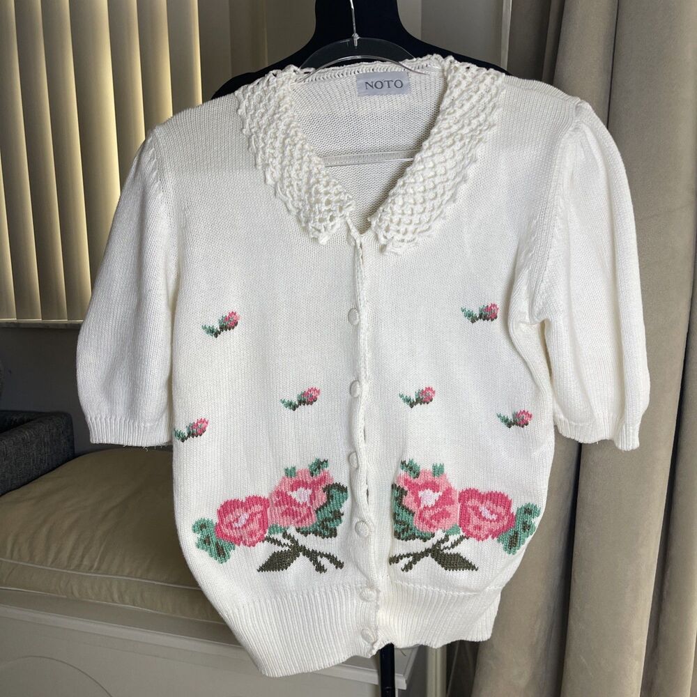 VTG Y2K NOTO Cotton Knit Cardigan Crochet Collar & Buttons  Roses M